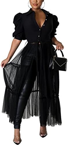 RoniKasha Women Sexy Short Sleeve Bodycon High Low Asymmetrical Ruffle Tunics Blouse Shirt Top Dress Black,X-Large