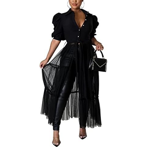 RoniKasha Women Sexy Short Sleeve Bodycon High Low Asymmetrical Ruffle Tunics Blouse Shirt Top Dress Black,Large Cover