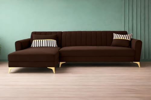 Image of Adorn India Premium Luster 6 Seater L Shape Sofa Set | Velvet Suede Fabric | 3-Year Warranty | LHS |Color Brown with Golden Legs & Striped Pattern Cushion