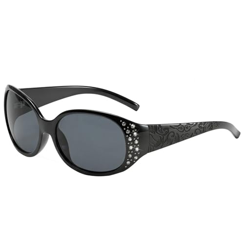 EBJDE Retro Polarized Sunglasses for Women Fashion Rhinestone Wrap Around Oval Shades with UV400 Protection Black/Grey Lens