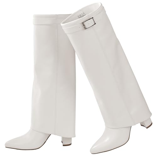 Ankis Fold Over Knee High Boots for Women Chunky Heels Pointed toe with Side Zipper Long Tall Boots