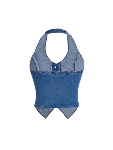 SweatyRocks Women's Asymmetrical Hem Button Down Slim Fit Sleeveless Halter Denim Vest Tops2