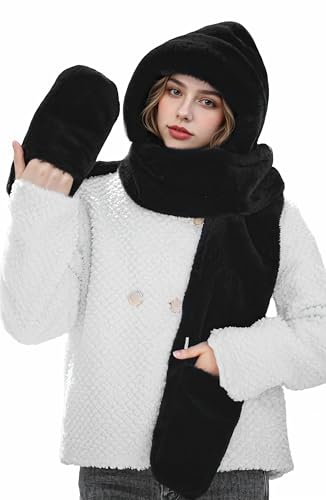 Passionbility Winter Scarf for Women - 3 in 1 Faux Fur Hooded Scarf Hat Gloves Set