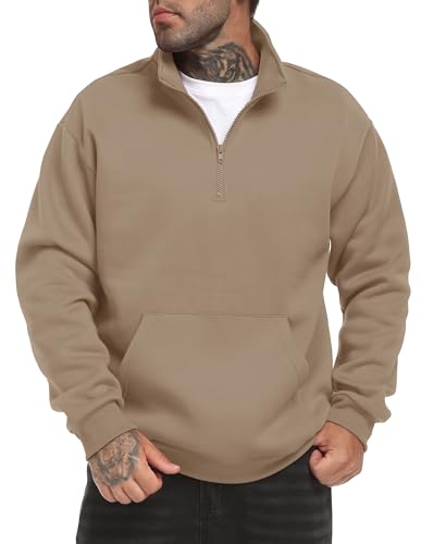 TUREFACE Men's Casual Long Sleeve Mock Neck Zipper Polo Shirt with Kangaroo Pocket Fashion Quarter Zip Pullover Sweatshirt for Men Khaki US43(L)