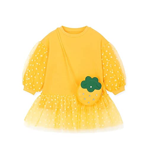 Ozkiz Girls Toddler Casual Yellow Tutu Long Sleeve Dress with Strawberry Bag