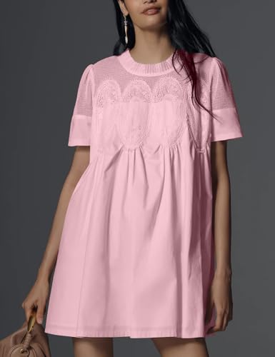 Image of Shiyifa Womens Babydoll Lace Patchwork Dresses Summer Short Sleeve Ruffle Sundress Loose Crew Neck A-Line Dresses