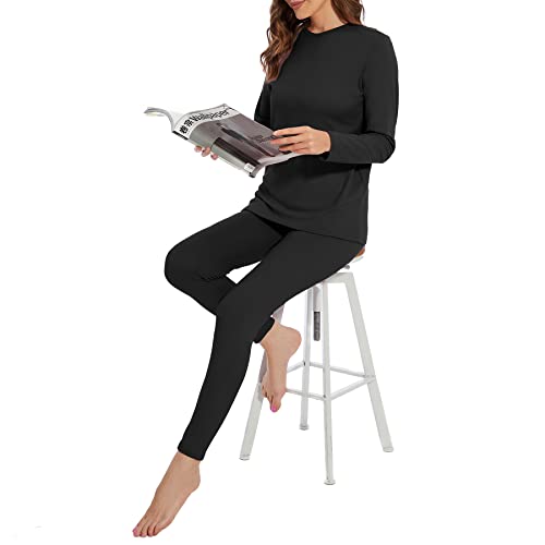 Zando Women Thermal Underwear Sets Two Piece Long Sleeve Winter Clothes Soft Base Layer Warm Long Johns Cuddle Duds Women Pajamas Thermals Top And Bottom Set Night Shirts Black Large #TOP1