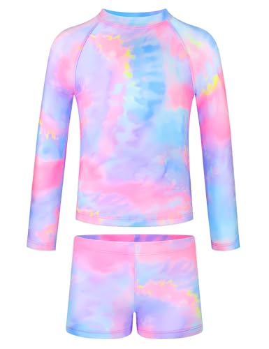 Image of TENVDA Girls Swimsuit Size 7-8 Years Old Purple Tie Dye UPF 50+ Long Sleeve Rash Guard Summer Beach Bathing Suit Swimwear