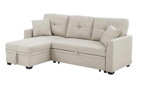 L Shaped Convertible Sleeper Sectional Sofa Pull-Out Couch Bed, Tufted Linen Upholstered Reversible Corner Couch Pullout Sofabed w/Detachable Backrest and Storage Chaise