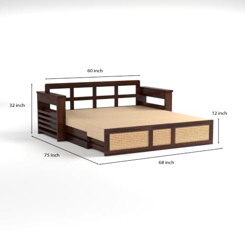 Image of PS DECOR Solid Sheesham Wood 3 Seater Sofa Cums Bed with Cane Panel | Wooden Sofa Bed with Cushioned Seating & Backrest