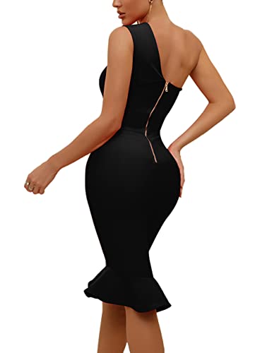 UONBOX Women's One Shoulder Sleeveless Bodycon Dress Midi Mermaid Party Bandage Dress3