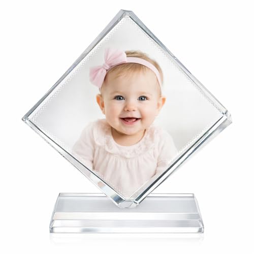 Image of Rangoli Personalized Crystal Photo Frame 10 x 10 cm Square Diamond Cut Glass Frame with Base Custom Photo Gift Premium Table Top Decor. D-11
