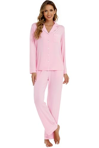 Image of LUBOT Womens Bamboo Viscose Pajamas for Women 2 Piece PJ Set Ultra Buttery Soft Cooling Button Long Sleeve Sleepwear S-XXL