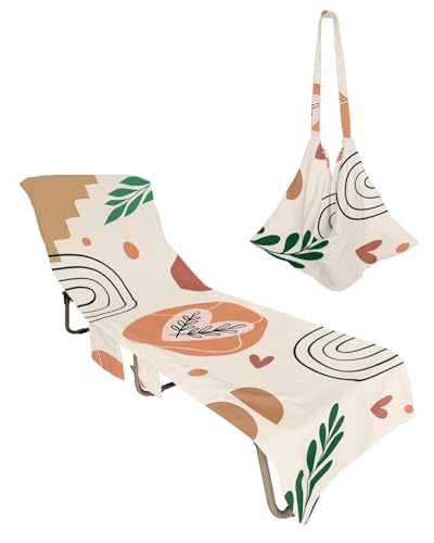 Middle Century Beach Lounge Chair Towel Cover, Soft Chaise Lounge Towel with Side Pockets Patio Pool Chairs Cover for Beach/Pool Sunbathing 29x85 Boho Geometric Love Heart Botanical