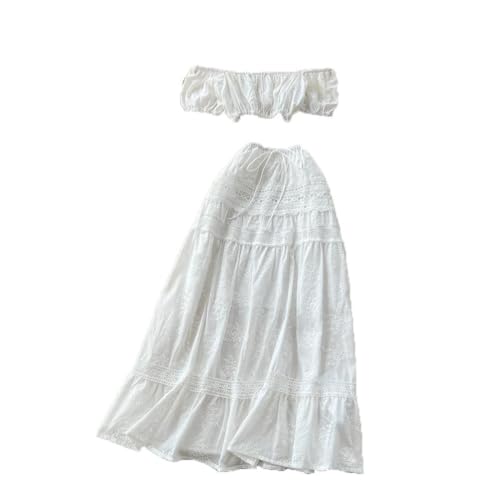 Women Embroidered Vintage Hollow Out Bohemian Dress Off Shoulder Elastic Waist Midi Skirts - Main Image