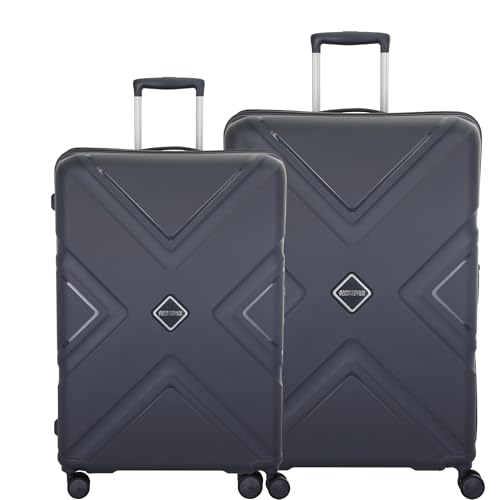 Image of American Tourister Trolley Bag with TSA Lock,8 Wheel, Wet Pouch,Mesh Pocket and Shoe Bag,Hard-Sided PC Suitcase /Trolley Bag with Double Spinner Wheel -Dark Slate ((55+65) CM)
