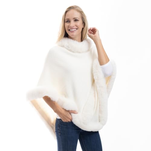 Luxurious Faux Fur Trim Cozy Knit Poncho, One Size2