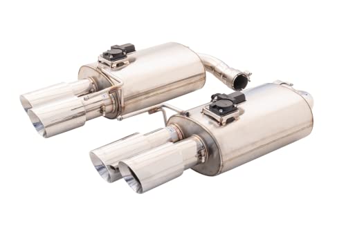 XFORCE ES-FM18-VMK-ABS Dual 3" Axle-Back Exhaust System with Oval VAREX Mufflers for 2018-2019 Ford Mustang GT; 304 Stainless Steel Mufflers with Polished Quad 4" Tips