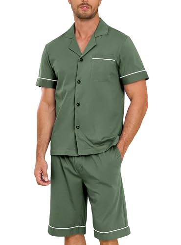 EA'S SECRET Mens Pajamas Set 100% Cotton Short Sets For Men Classic Button Down Sleepwear Summer Mens Pjs Sets With Pockets