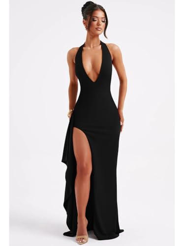 LAGSHIAN Women's Sexy Deep V Neck Halter High Split Backless Cocktail Party Formal Maxi Dress3