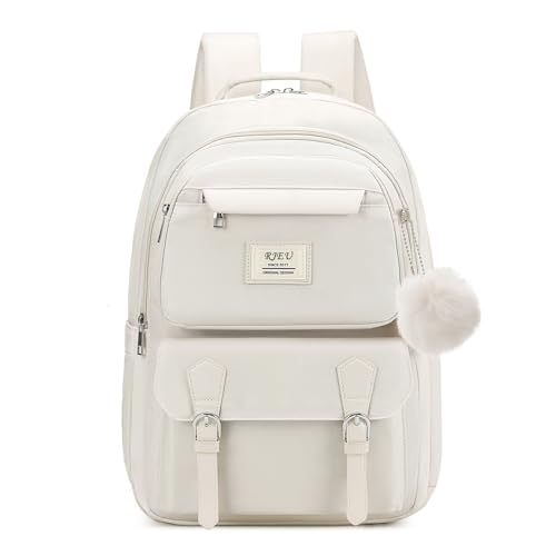 RJEU Mädchen Schulrucksack, Asthetische Büchertasche mit 15,6 zoll Laptopfach für High School College-Studenten,Süße Kinder Schultasche(Beige)