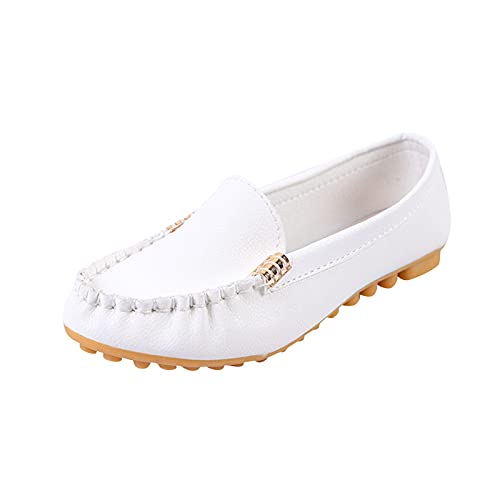 XOXSION Damen Loafer Schuhe, Runder Zehe Bootsschuhe flachem Absatz Einzelne Flache Schuhe Metallschnalle Sommer Freizeitschuhe Mode Elegant Ballerinas(Weiß,41) Cover