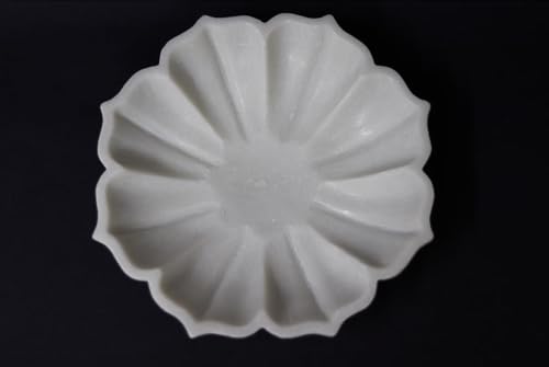 Image of Marble Urli Bowl for Decoration | Big Potpourri Decorative Bowls in Home decor | Large White Floating Flower Plates of Stone | Small Shape puja Item | (6 inch, Petal Glow)