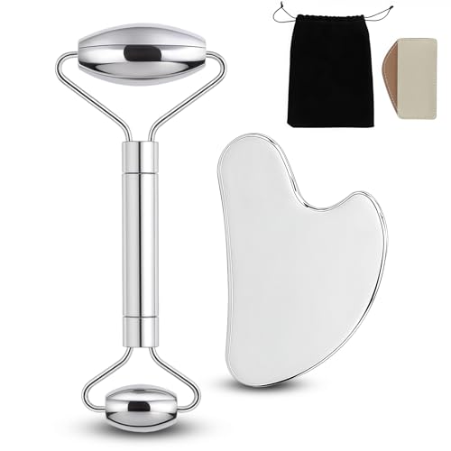 Image of Unfovi Stainless Steel Gua Sha and Face Roller Set Facial Massager Tools, Lymphatic Drainage Massager Metal Gua Sha Skin Self Care Gifts for Women, Face Sculpting Guasha for Body Eyes with Pouch