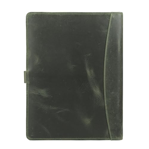 Image of KomalC Leather Portfolio Folder with Button Closure | Business Padfolio for Professionals | Vintage Organizer with Legal Pad Holder, Card Slots & Document Pockets (Green)