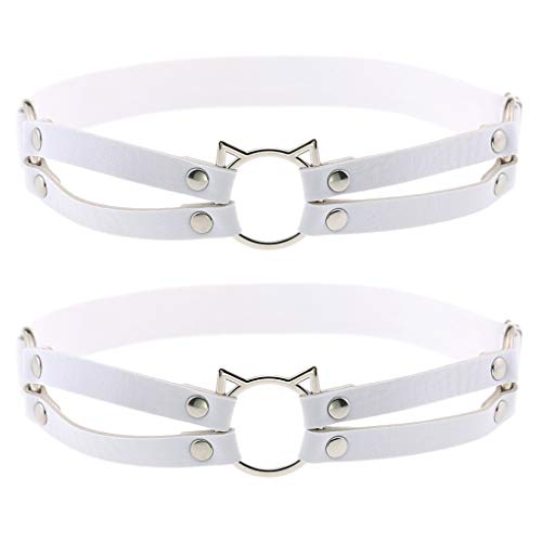 Women Girl Leather Hollow Cat Garters Punk Rock Rivet Leg Elastic Garter Leg Ring Anti-Slip Cosplay Harness 2pcs White