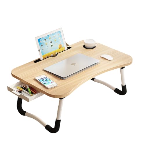 Bandeja para Cama, Mesa Plegable de Desayuno Mesa Ordenador Portátil Multifunción Mesa de Ordenador portátil para Cama y sofá (con Cajon, Marron)