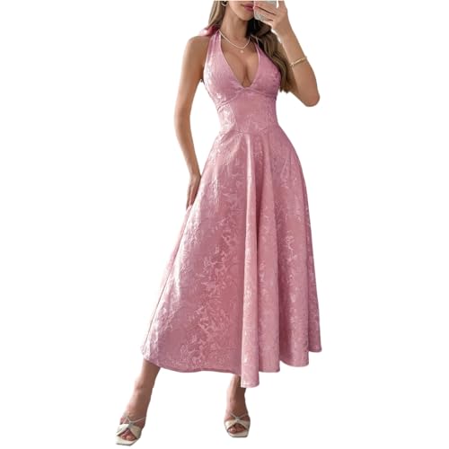 Kleider Damen Lang Neckholder Elegant Abendkleider Für Hochzeit Korsett Kleid Damen Festlich A Linie Maxi Cocktailkleid Tiefem V Ausschnitt...