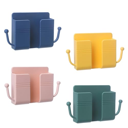4Pcs Wall Mount Phone Holder Adhesive Wall Phone Mount Charging Stand and Remote Control Stand Multipurpose Socket Pocket Universal Deck Storage Box for Bedroom Kitchen Bathroom Office