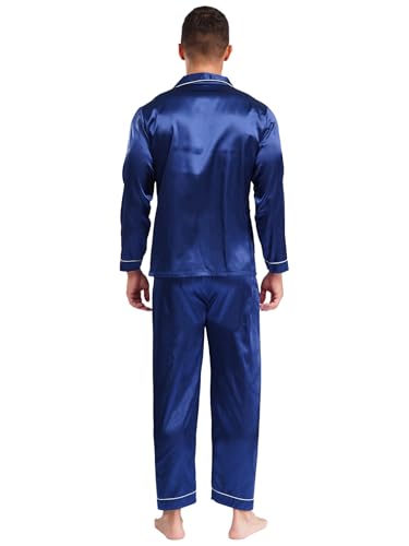 TiaoBug Men's Satin Pajamas 2Pcs Long Sleeve V Neck Loose Fit Sleepwear Set Button-Down Loungewear2