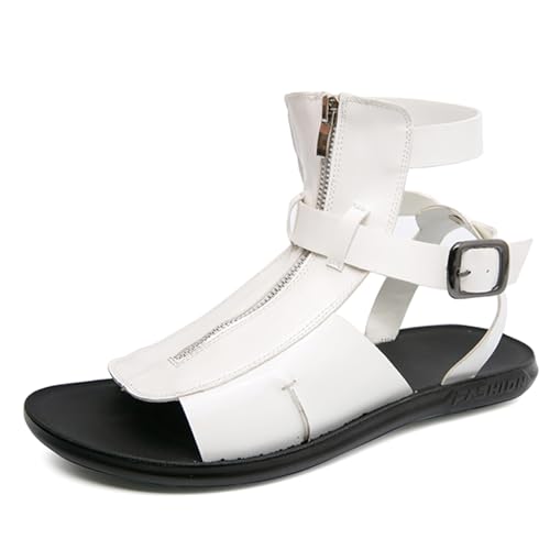 Men's Leather Sandals Black Gladiator Beach Sandal Ankle Strap Design with Buckle Front Zipper Outdoor Arch Support Non-slip Sandals