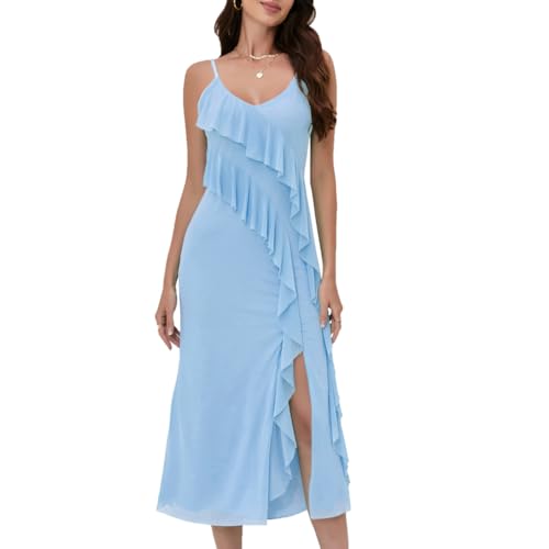 Image of Women's Spaghetti Strap Ruffle Side Split Long Dress Bodycon Beach Maxi Dresses