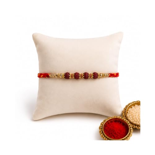 Image of Elegant Rudraksha Rakhi for Bhaiya with Roli Chawal, Traditional Spiritual Rudrakasha Beads Red and Yellow Thread Raksha Bandhan Rakhi Gift for Brother