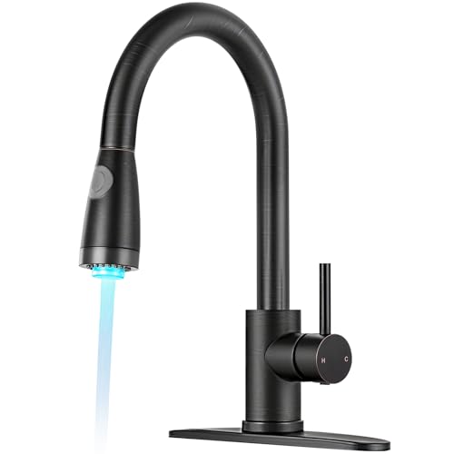 Image of LED Kitchen Faucet with Pull Down Sprayer - ORB Single Handle Kitchen Faucets, High Arc Stainless Steel Pull Out Kitchen Sink Faucet with Deck for RV Laundry Farmhouse Bar