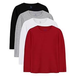 Paquete de 4 camisas de manga larga para niños, camisetas básicas de algodón suave, camisetas de manga larga para niños pequeños, camisetas de capas sin etiqueta