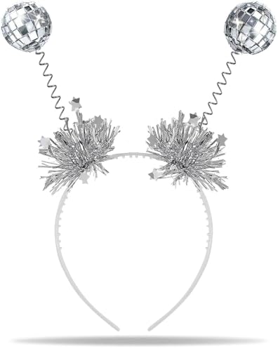 Hatstar Disco Kugel Haarreif in silber | Kopfschmuck mit 2 Spiegel Kugeln | Alien Glitzer Disco Bälle | Accessoire zu Silvester, Neujahr, Fasching & Karneval Kostüm | für Kinder Damen & Herren
