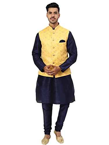 Image of Uri and MacKenzie Men's Silk Blend Regular Kurta Churidar Pyjama with Bundi Nehru Jacket /Waistcoat