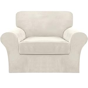 FantasDecor 2 Piece Chair Sofa Covers Velvet for Living Room Slipcovers with Individual Cushion Elastic Furniture Protector for Pets, Machine Washable (Armchair, Ivory)