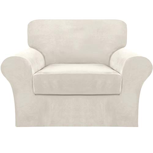 FantasDecor 2 Piece Chair Sofa Covers Velvet for Living Room Slipcovers with Individual Cushion Elastic Furniture Protector for Pets, Machine Washable (Armchair, Ivory)
