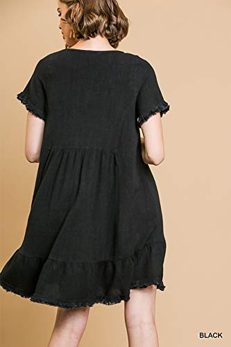Umgee Women's Short Sleeve Round Neck Ruffle Trim Dress With Frayed Edges (Small, Black) #TOP2