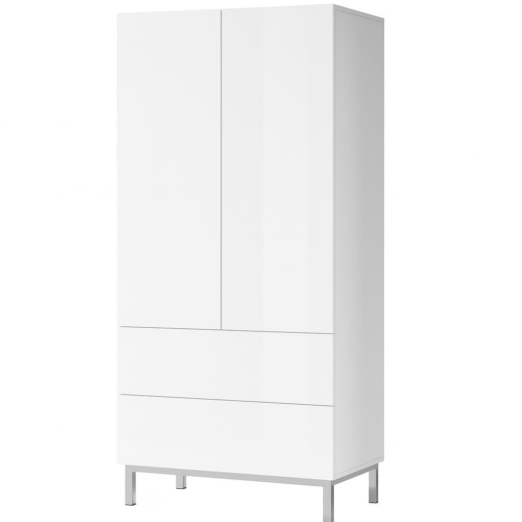 LUXOAK Moderner Hochglanz Schrank Weiß mit 2 Türen & 2 Schubladen – 86×40×178 cm Mehrzweckschrank mit Metallfüßen, Push-to-Open, Verstellbare Einlegeböden Für Wohnzimmer, Küche, Flur