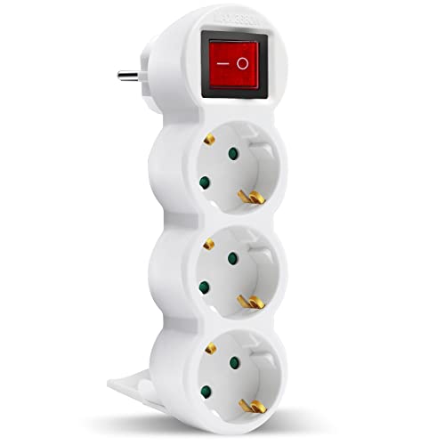 EXTRASTAR 3 en 1 Adaptador Plano con Interruptor y Tres Enchufes Schuko, Hasta Carge 3680W, 16A, 250V, Blanco, 1 pc