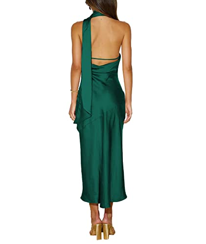 Image of Sexyshine Women's Elegant Halter Tie Neck Sleeveless Satin Long Dress Backless Split Cocktail Party Formal Wedding Maxi Dress