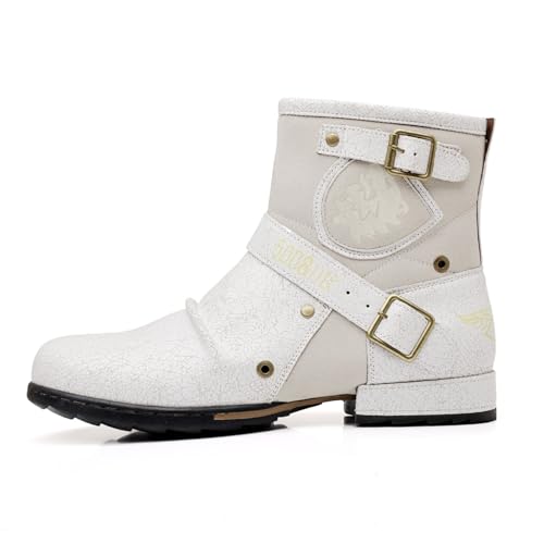 Mid Top Zipper Boot Mens Western Chelsea Cowboy Boots Square Toe Lug Sole Non Slip White Motorcycle Boots
