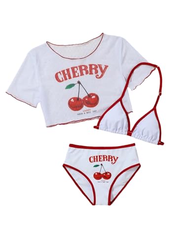 Girl's 3 Piece Cute Swimsuit Cherry Print Halter Bikini Set Triangle Bathing Suit with Cover Up Tops