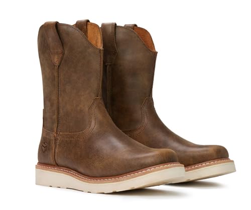 Image of SUREWAY Western Boots - Men's Square Toe Work Boot,Pull On Leather Wellington Boots,Durable Classic Slip Resistant Soft Toe Cowboy Boot